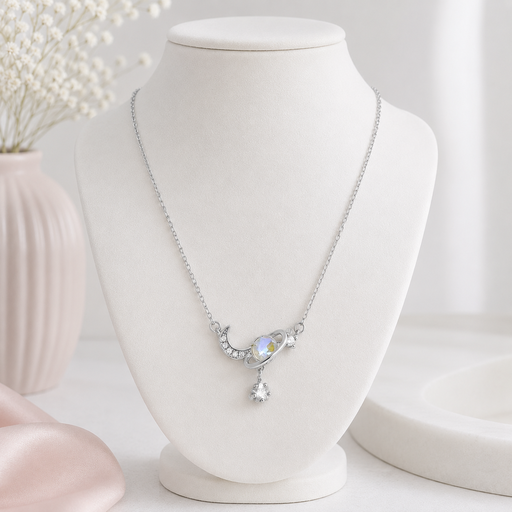 [P-CDD-168] Collar plata 925 baño rodio media luna saturno ópalo
