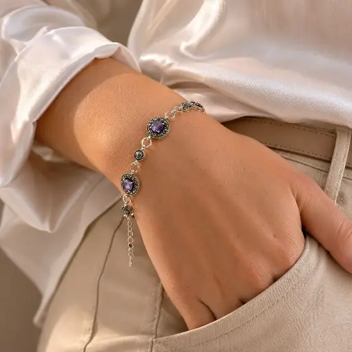 [P-PL-298] Pulsera plata quemada ley 925 marquesita círculo cristales violeta