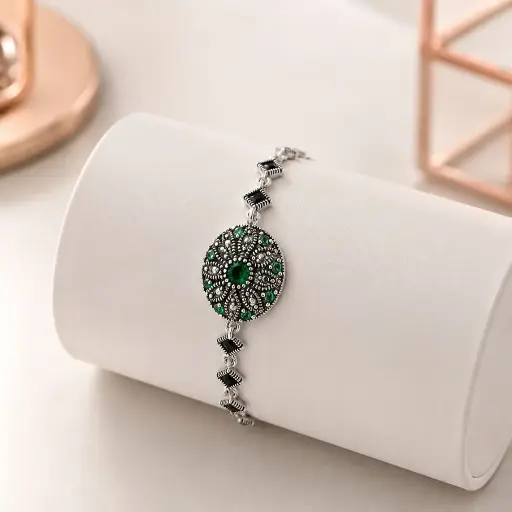 [P-PL-299] Pulsera plata quemada ley 925 circones verdes