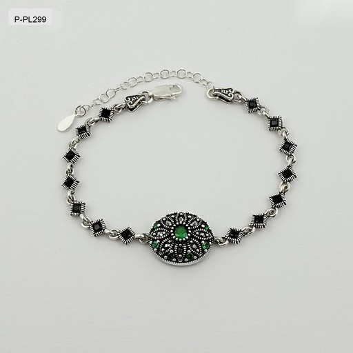 [P-PL-299] Pulsera plata quemada ley 925 circones verdes