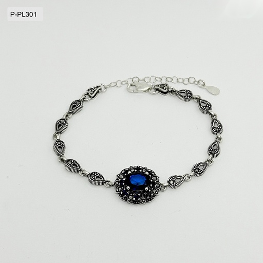 [P-PL-301] Pulsera plata quemada ley 925 marquesita ovalo cristal azul