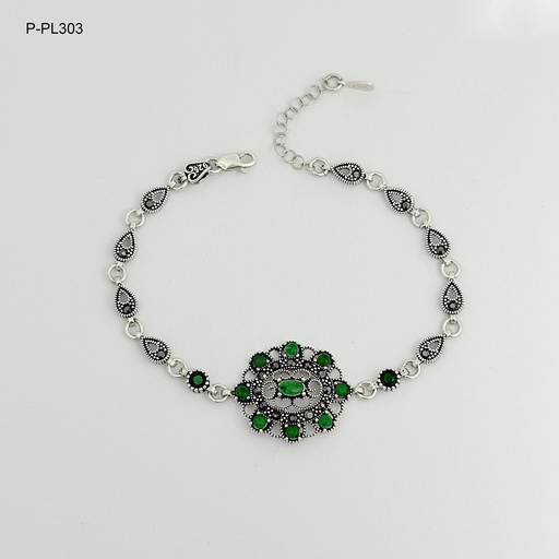 [P-PL-303] Pulsera plata quemada ley 925 marquesita flor circones verdes
