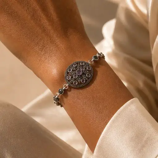 [P-PL-304] Pulsera plata quemada ley 925 marquesita ovalo circones violeta