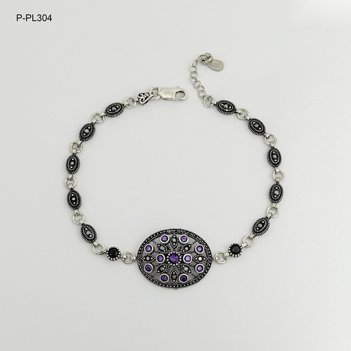 [P-PL-304] Pulsera plata quemada ley 925 marquesita ovalo circones violeta