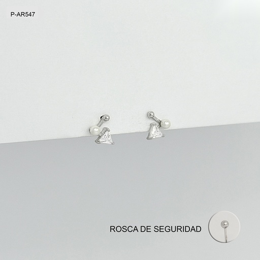 [P-AR-547] Topo plata 925 (b.rodio) perla y triángulo rosca de seguridad (ortopedico)