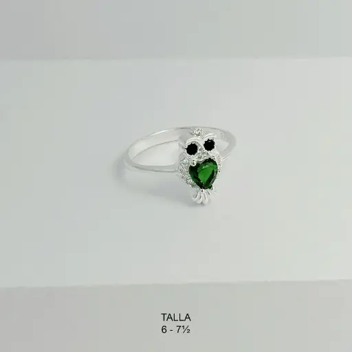[P-AN-249] Anillo plata ley 925 búho cristal verde