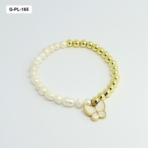 [G-PL-165] Pulsera en rodinado gold perla natural de río dije mariposa