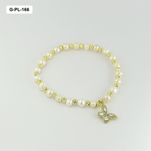 [G-PL-166] Pulsera en rodinado gold perla natural de río dije mariposa cristales