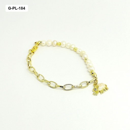 [G-PL-184] Pulsera en rodinado gold cadena eslabones perla de riío natural dije elefante
