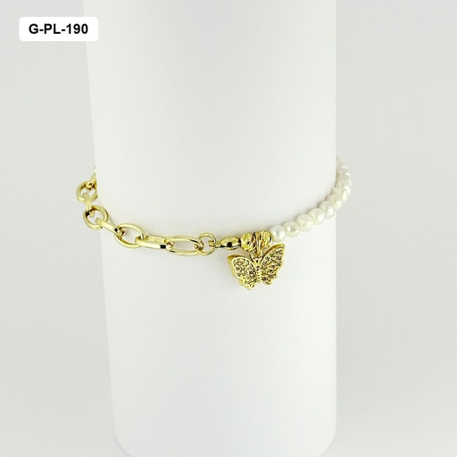 [G-PL-190] Pulsera en rodinado gold cadena eslabones perla natural de río dije mariposa
