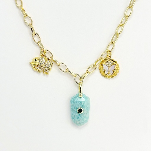 [G-CDD-203] Collar en rodinado gold charms cuarzo turquesa / azul dos dijes