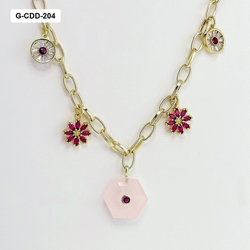 [G-CDD-204] *COLLAR EN RODINADO GOLD CHARMS CUARZO ROSADO