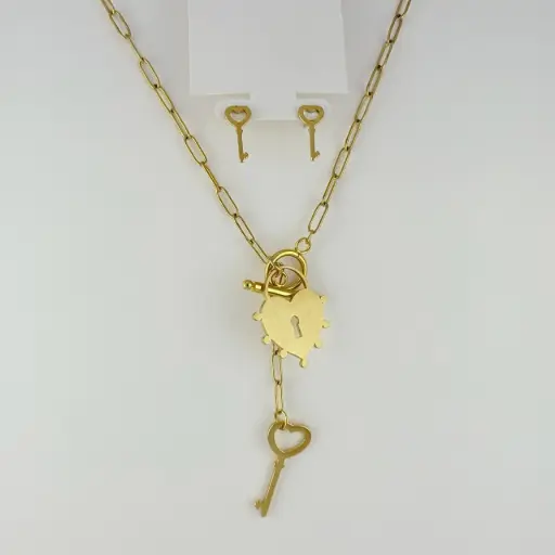 [AC-JU-201] Juego en acero gold corazón y llaves