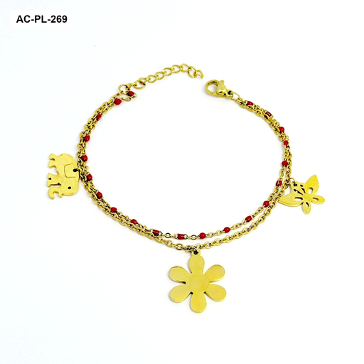 [AC-PL-269] Pulsera en acero dorada doble tres dijes elefante