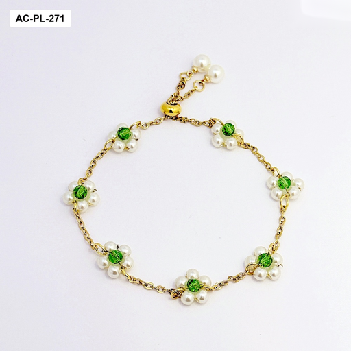 [AC-PL-271] *PULSERA EN ACERO GOLD AJUSTABLE PERLAS CRISTAL VERDE 