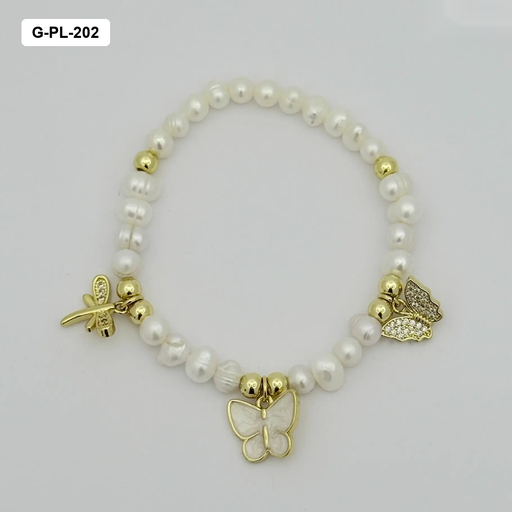 [G-PL-202] Pulsera en rodinado gold dijes mariposas perlas de río