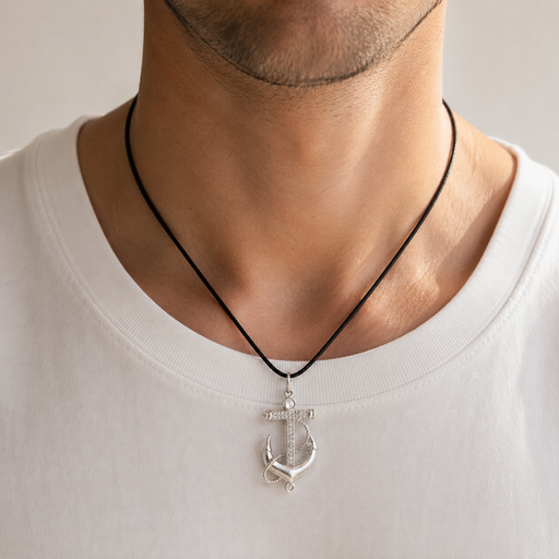 [G-CDD-210] Collar en rodinado silver dije  ancla cadena cuero
