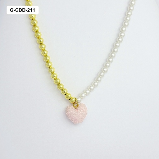 [G-CDD-211] COLLAR EN RODINADO GOLD BALINES PERLAS DIJE CORAZÓN ALGODÓN DE AZUCAR 