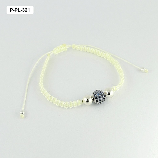 [P-PL-321] Pulsera en plata ley 925 cordón ajustable blanco balines bola microcirconia cubica azul rodinado