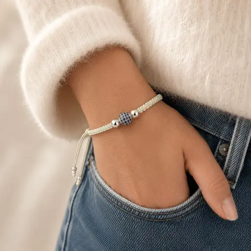 [P-PL-321] Pulsera en plata ley 925 cordón ajustable blanco balines bola microcirconia cubica azul rodinado
