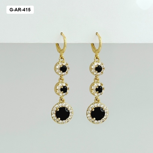 [G-AR-415] Aretes en rodinado gold largos sistema gancho cristales negros