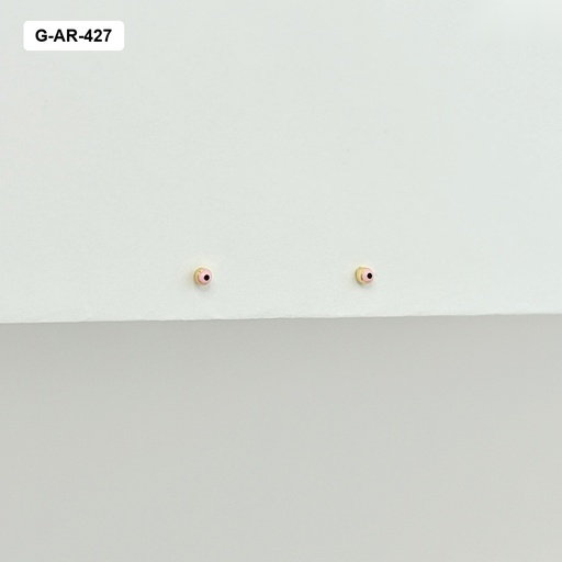 [G-AR-427] Aretes en rodinado gold topos mini ojito esmaltado rosa