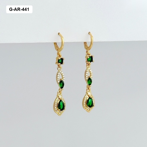 [G-AR-441] Aretes en rodinado gold largos sistema gancho cristales verdes 