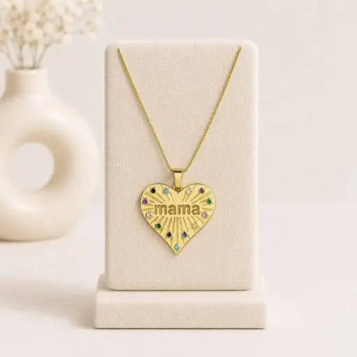 [G-CDD-212] Cadena en rodinado gold dije corazón "mamá" microcircones colores