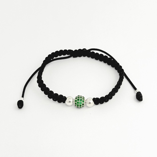[P-PL-326] Pulsera en plata ley 925 cordón ajustable negro balines bola microcirconia cubica verde rodinado