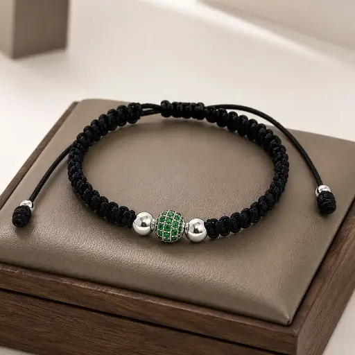 [P-PL-326] Pulsera en plata ley 925 cordón ajustable negro balines bola microcirconia cubica verde rodinado