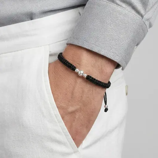 [P-PL-327] Pulsera en plata ley 925 cordón ajustable negros balines