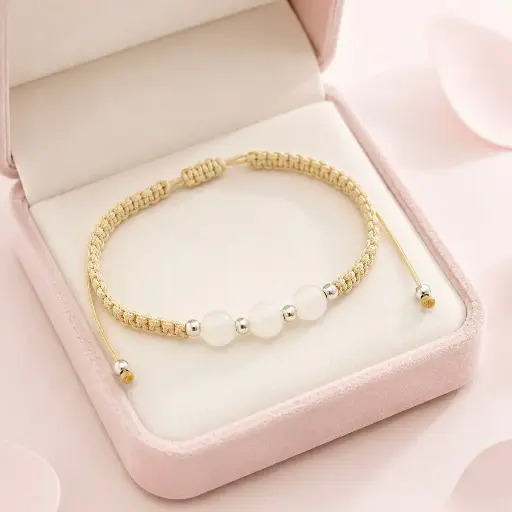 [P-PL-330] Pulsera en plata ley 925 cordón ajustable beige balines de plata bola ágata hielo