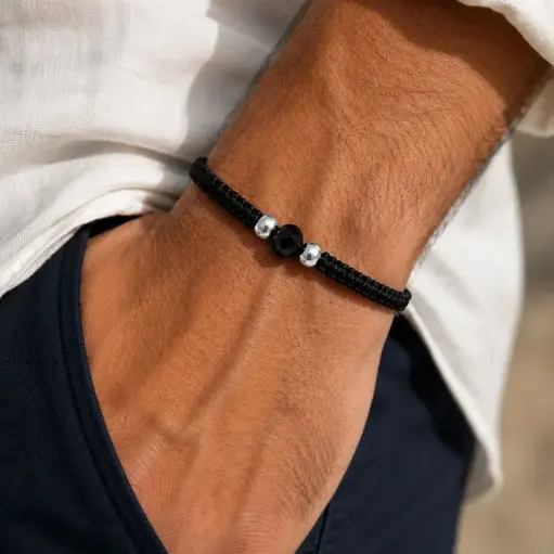 [P-PL-332] Pulsera en plata ley 925 cordón ajustable negro balines de plata cristal murano