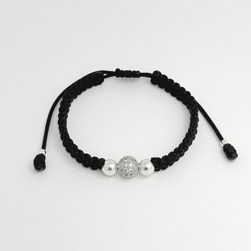 [P-PL-333] Pulsera en plata ley 925 cordón ajustable balines bola microcirconia cubica rodinado