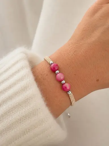 [P-PL-334] Pulsera en plata ley 925 cordón ajustable beige balines de plata bola ágata magenta