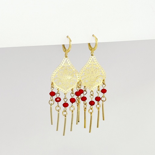 [G-AR-448] Aretes en rodinado gold largos estilo filigrana cristales rojas