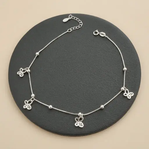 [P-TB-114] Tobillera en plata ley 925 dijes mariposas / 22 cm + ext. 3.5 cm
