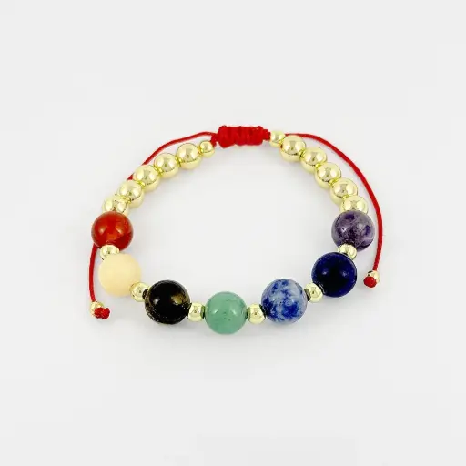 [G-PL-217] Pulsera en rodinado gold siete chakras hilo rojo