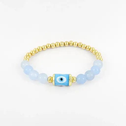 [G-PL-219] Pulsera en rodinado gold piedra ágata celeste dije cilindrico ojito