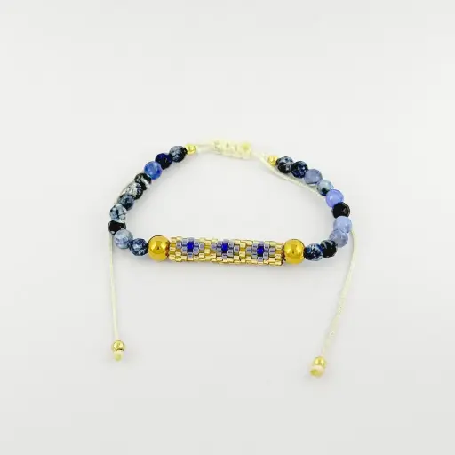 [G-PL-223] Pulsera en rodinado gold piedra ágata azul marmoleada canutillo miyuki