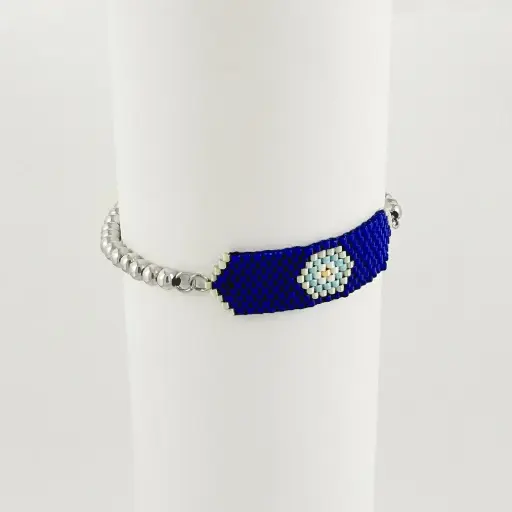 [G-PL-227] Pulsera en rodinado silver ajustable balines ojito azul tejido en miyuki