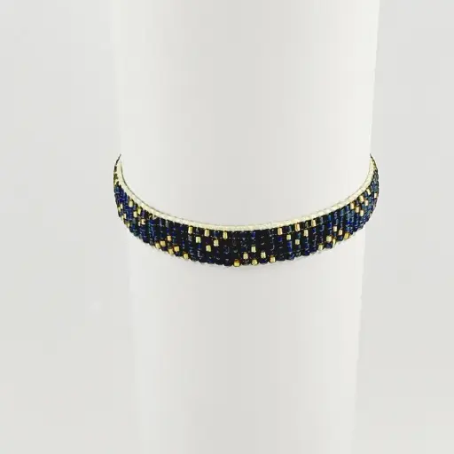 [G-PL-229] Pulsera artesanal tejida en miyuki cordón ajustable tonos azules y dorados