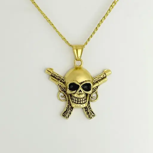 [AC-CDD-199] Cadena con dije en acero gold calavera pistolas 