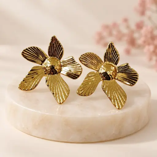 [AC-AR-430] Maxi aretes en acero gold flor