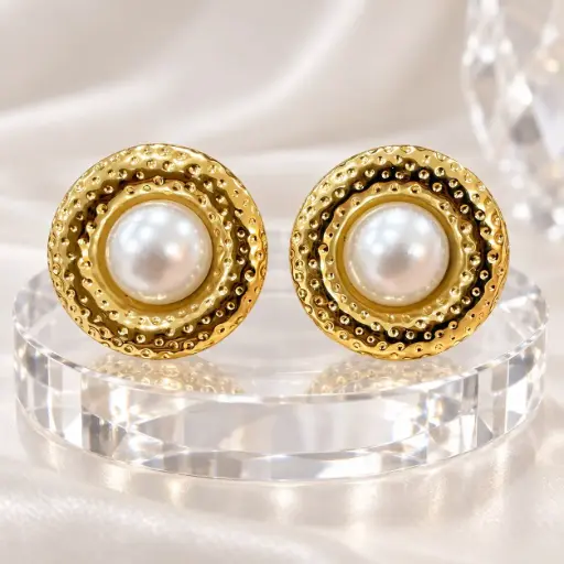 [AC-AR-455] Maxi aretes en acero gold botón perla