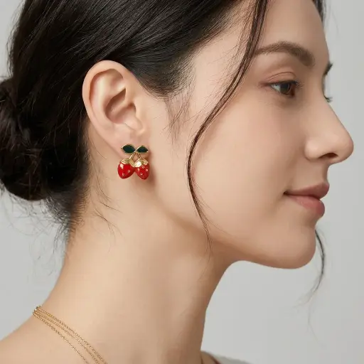 [AC-AR-462] Maxi aretes en acero gold esmaltado Fresa color rojo