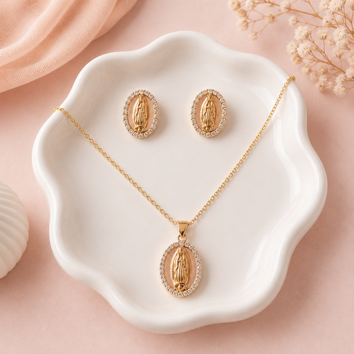 [G-JU-147] Juego en Rodinado Gold Champagne microcirconia Virgen Guadalupe