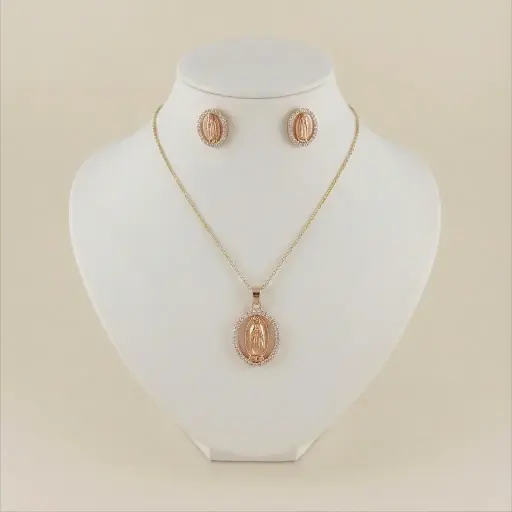 [G-JU-147] Juego en Rodinado Gold Champagne microcirconia Virgen Guadalupe