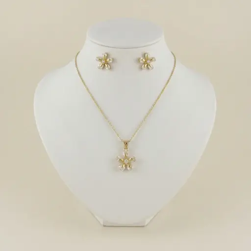[G-JU-148] Juego en Rodinado Gold Champagne microcirconia flor 