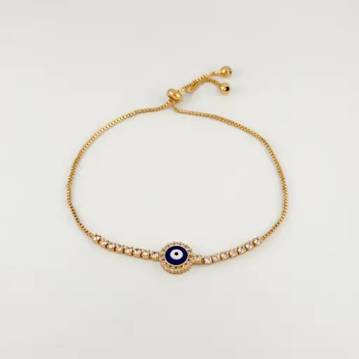 [G-PL-235] Pulsera en Rodinado Gold Champagne ajustable ojito azul microcirconia